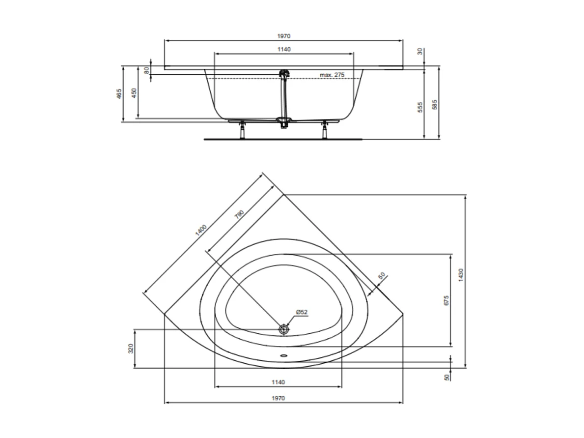 Baignoire d'angle 140 x 140 Ideal Standard i.life avec tablier et vidage