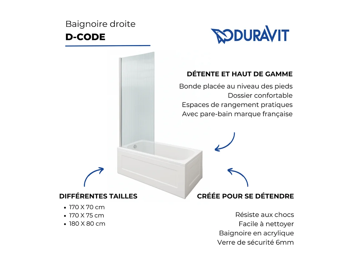 Baignoire droite DURAVIT D-Code 170 x70 cm + Pare bain gauche AURYS Raywall chromé