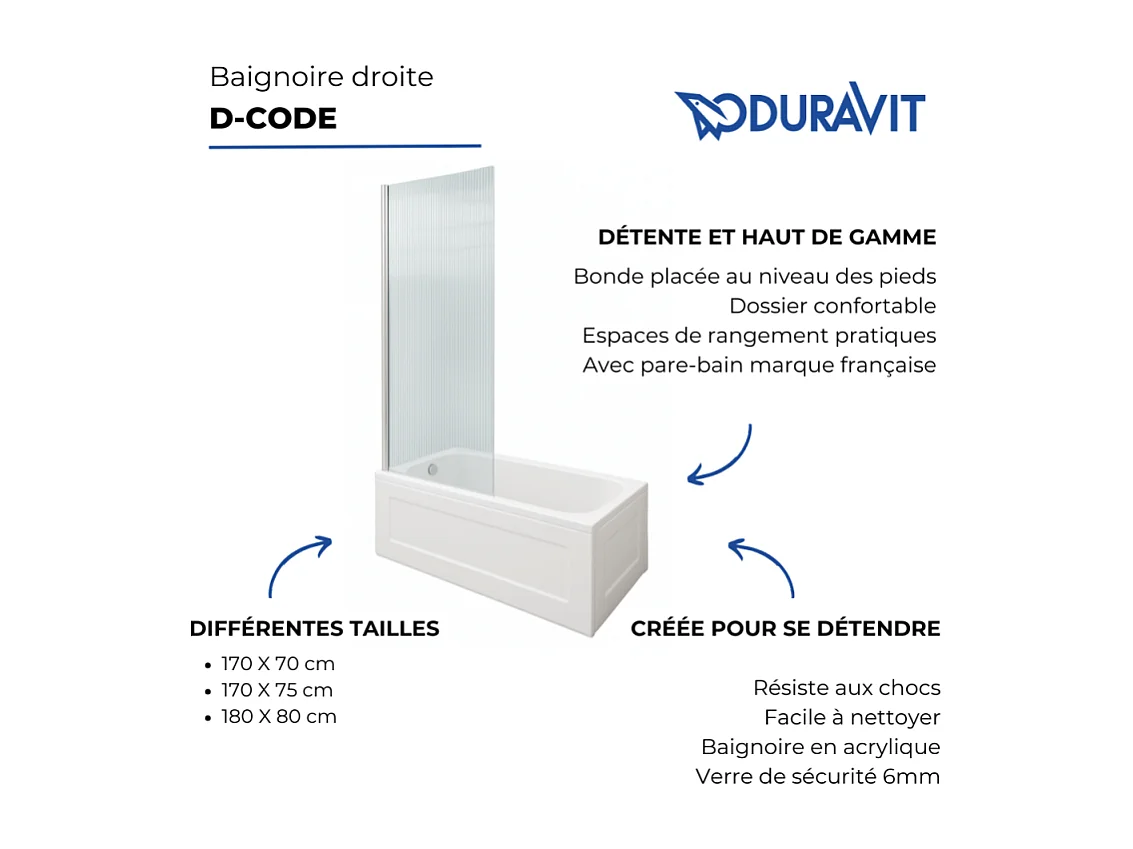 Baignoire droite DURAVIT D-Code 170 x70 cm + Pare bain gauche AURYS Raywall chromé version gauche