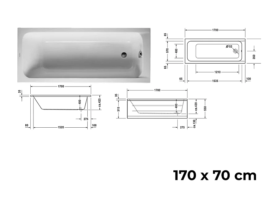 Baignoire droite DURAVIT D-Code 170 x70 cm + Pare bain gauche AURYS Raywall chromé version gauche