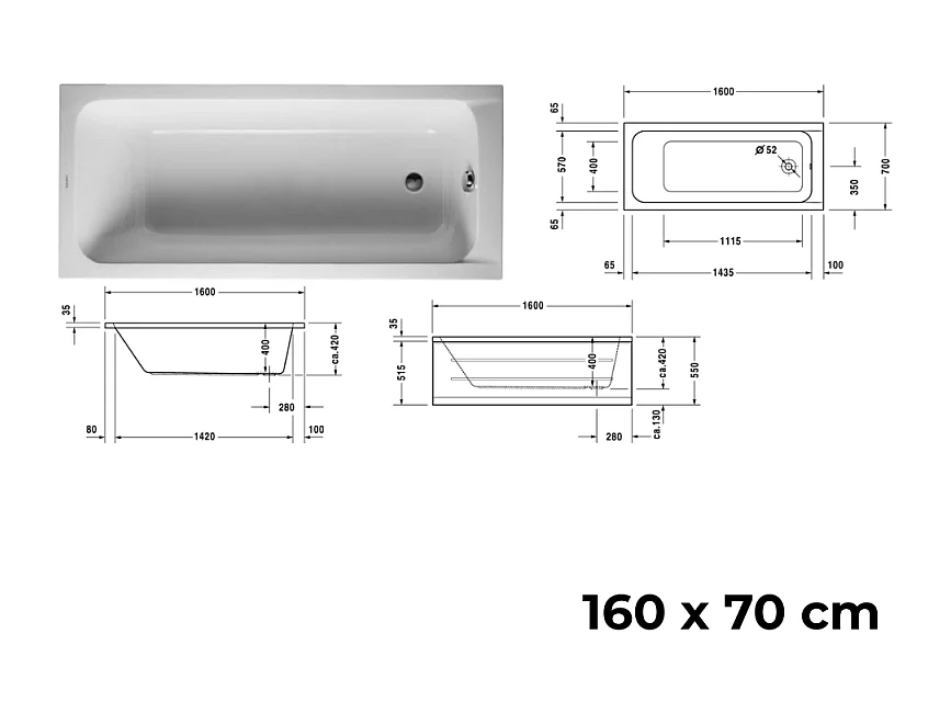Baignoire droite DURAVIT D-Code 1600x700mm + Pare bain droit AURYS Raywall chromé