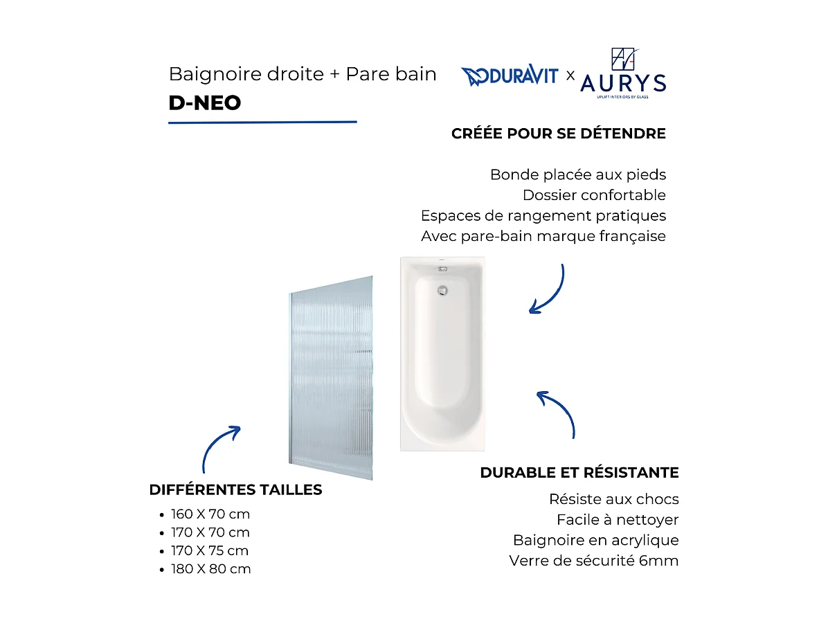 Baignoire droite DURAVIT D-Neo 1600x700mm + Pare bain droit AURYS Raywall chromé