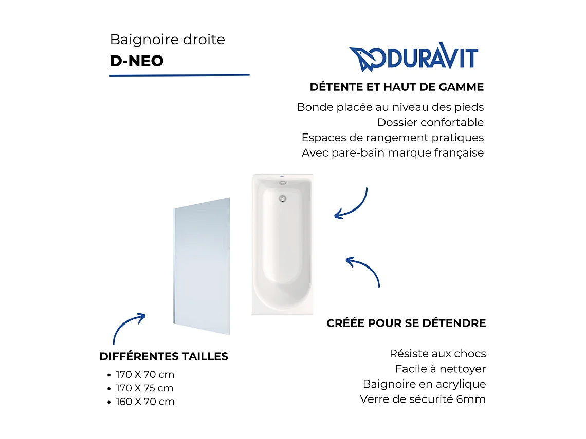Baignoire droite DURAVIT D-Neo 1700x750mm + Pare bain droit AURYS Mist 1 chromé