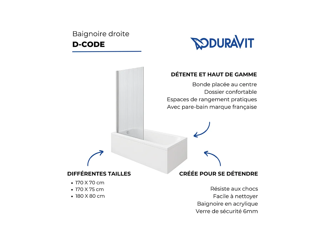 Baignoire droite DURAVIT D-Code 1700x700mm + Pare bain gauche AURYS Raywall chromé