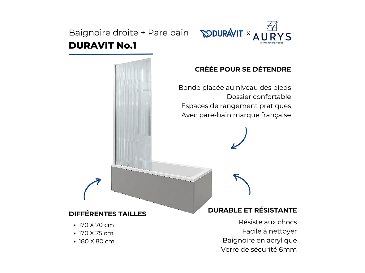 Baignoire droite DURAVIT No.1 180 x 85 cm + Pare bain gauche AURYS Raywall chromé version gauche