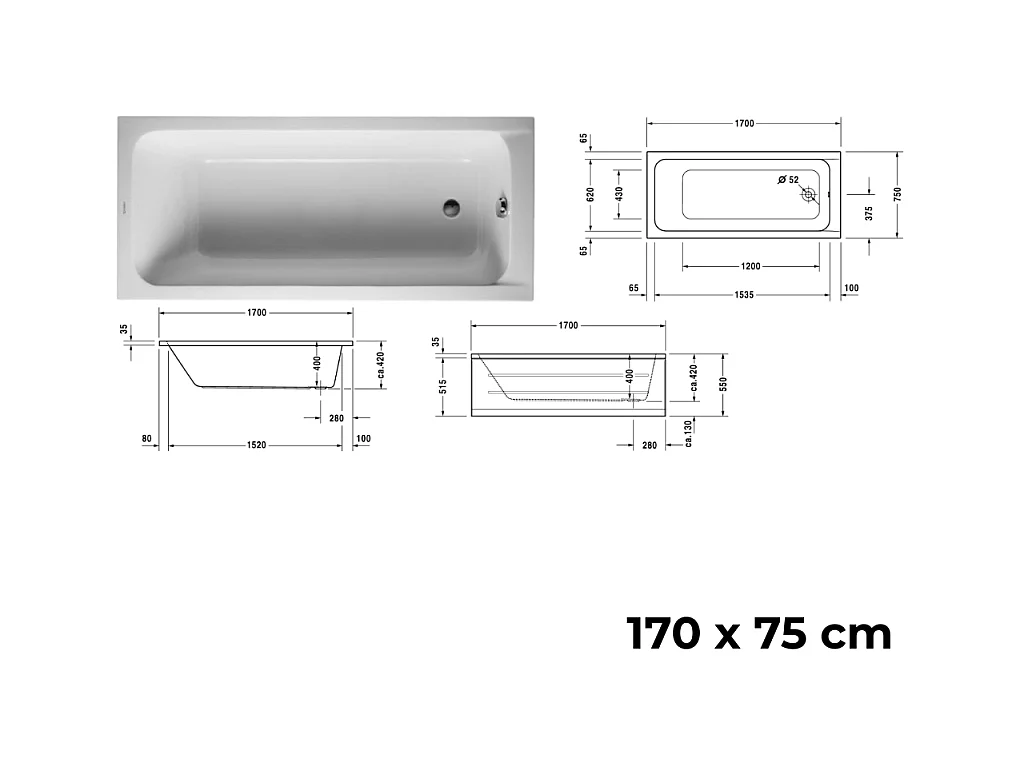 Baignoire droite DURAVIT D-Code 170 x75 cm + Pare bain gauche AURYS Raywall chromé version gauche