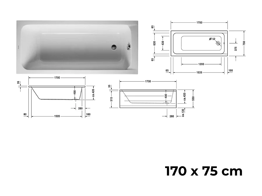 Baignoire droite DURAVIT D-Code 170 x75 cm + Pare bain gauche AURYS Raywall chromé version gauche