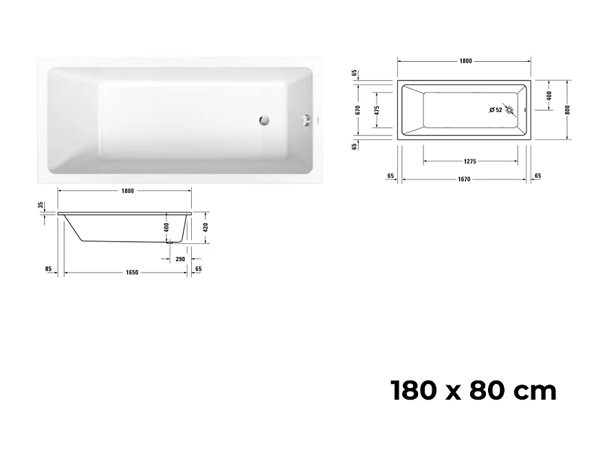 Baignoire droite DURAVIT No.1 1800x800mm + Pare bain droit AURYS Raywall chromé