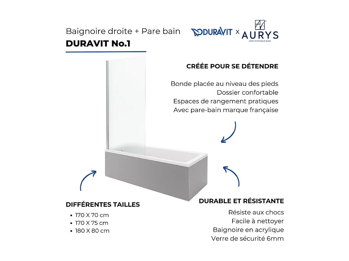 Baignoire droite DURAVIT No.1 180 x 85 cm + Pare Bain gauche AURYS Mist 1 chromé version gauche