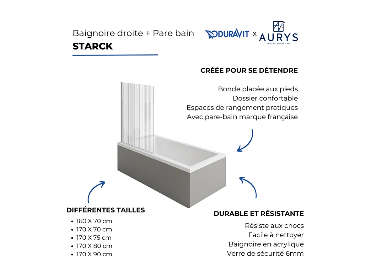 Baignoire droite DURAVIT Strack 160 x70 cm + Pare bain gauche AURYS Raywall chromé