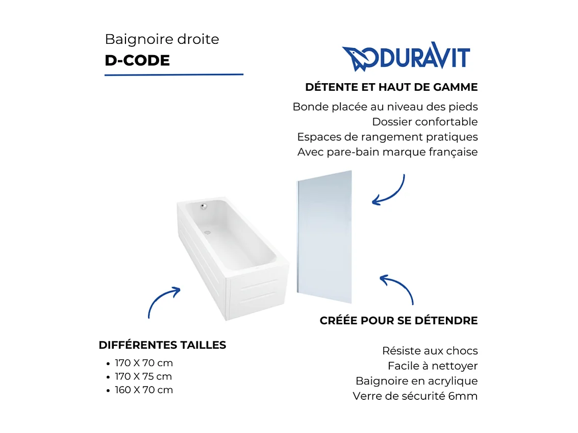 Baignoire droite DURAVIT D-Code 170 x70 cm + Pare Bain gauche AURYS Mist 1 chromé version gauche