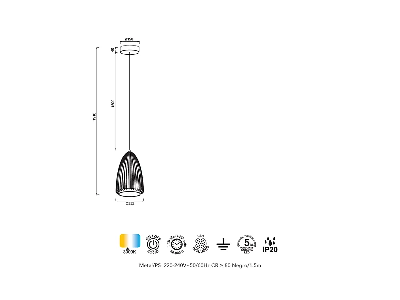 Suspension LED Smart en métal noir Mantra