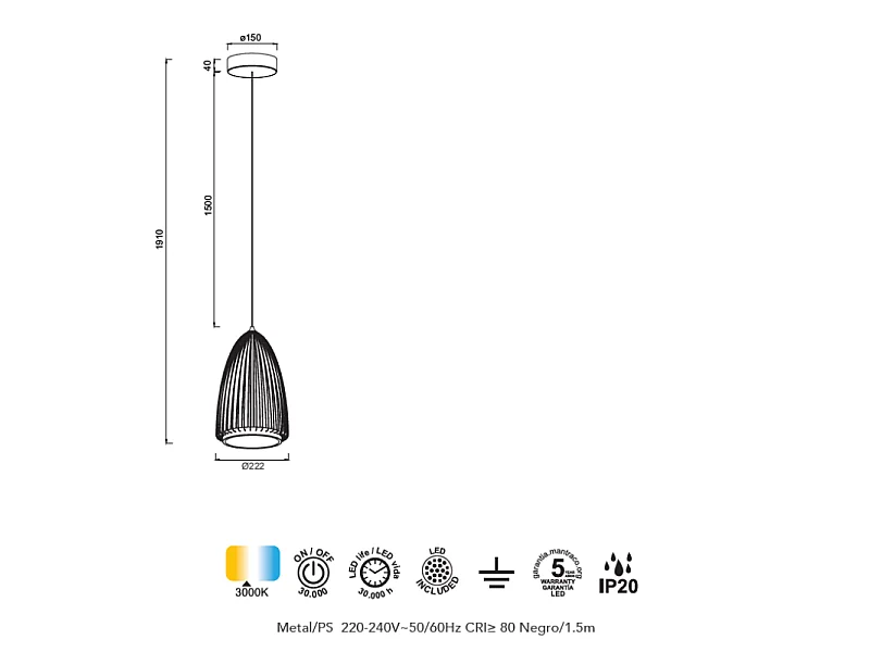 Suspension LED Smart en métal noir Mantra