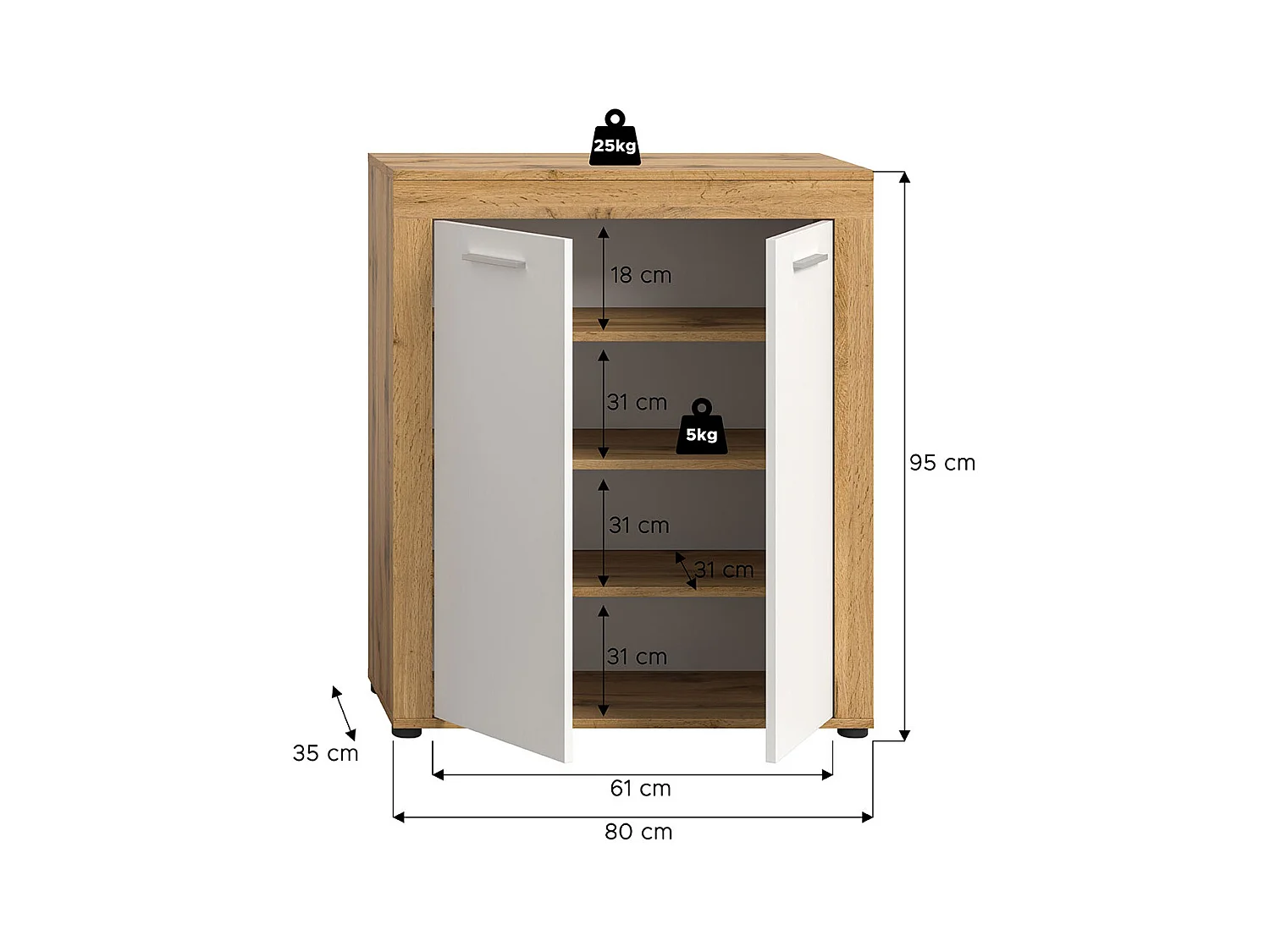 Jam meuble à chaussures 2 portes blanc, chêne décor.