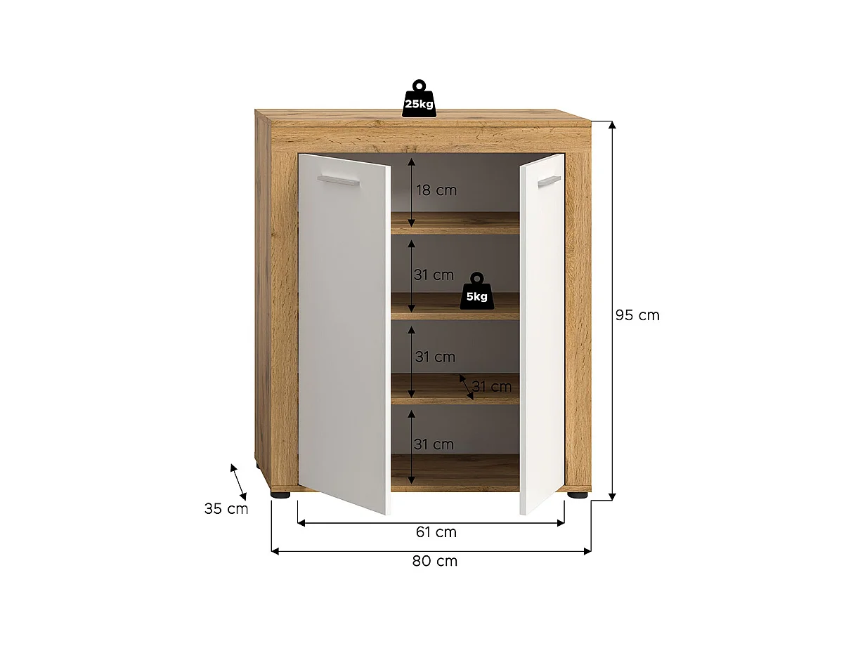 Jam meuble à chaussures 2 portes blanc, chêne décor.