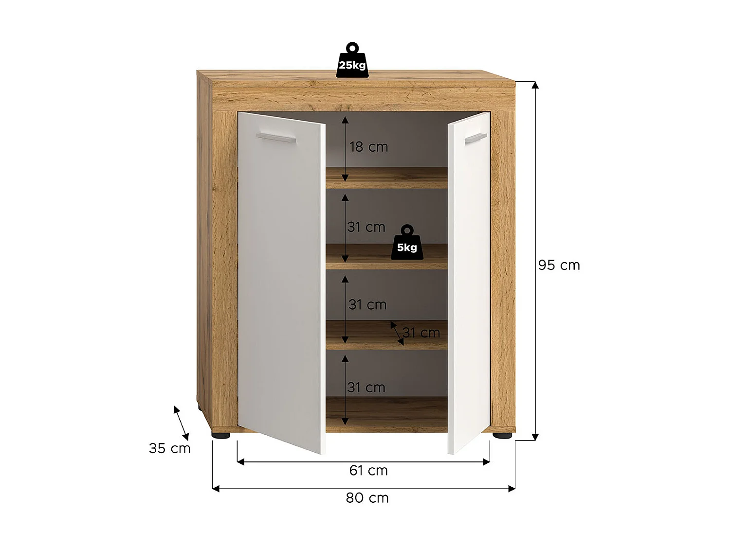 Jam Schuhschrank 2 Türen weiß, Eiche Dekor.