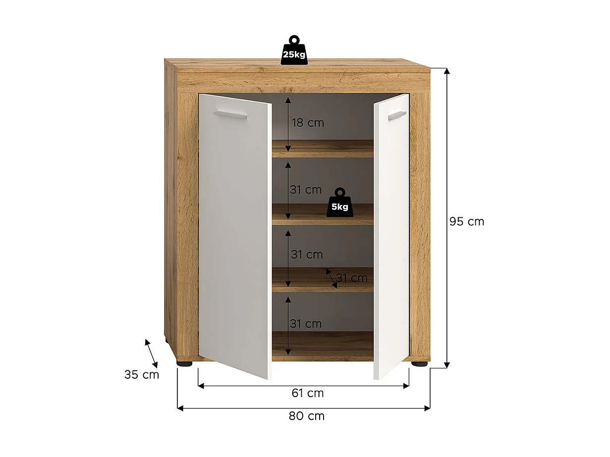 Jam Schuhschrank 2 Türen weiß, Eiche Dekor.