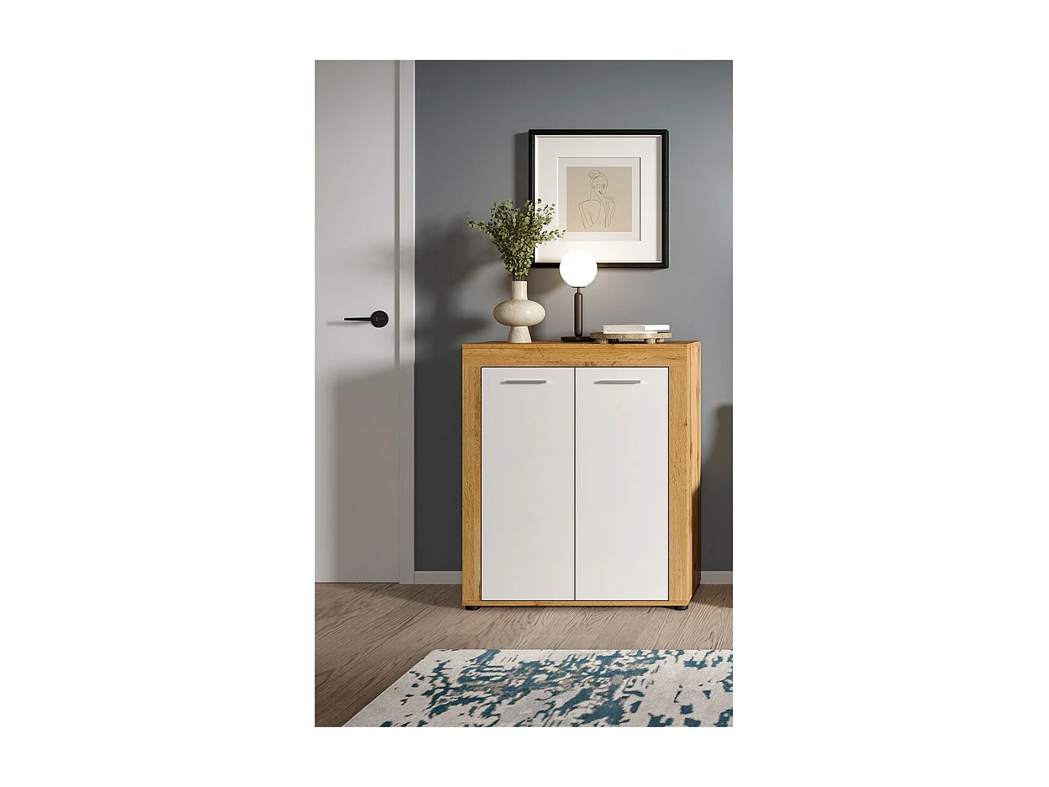 Jam Schuhschrank 2 Türen weiß, Eiche Dekor.