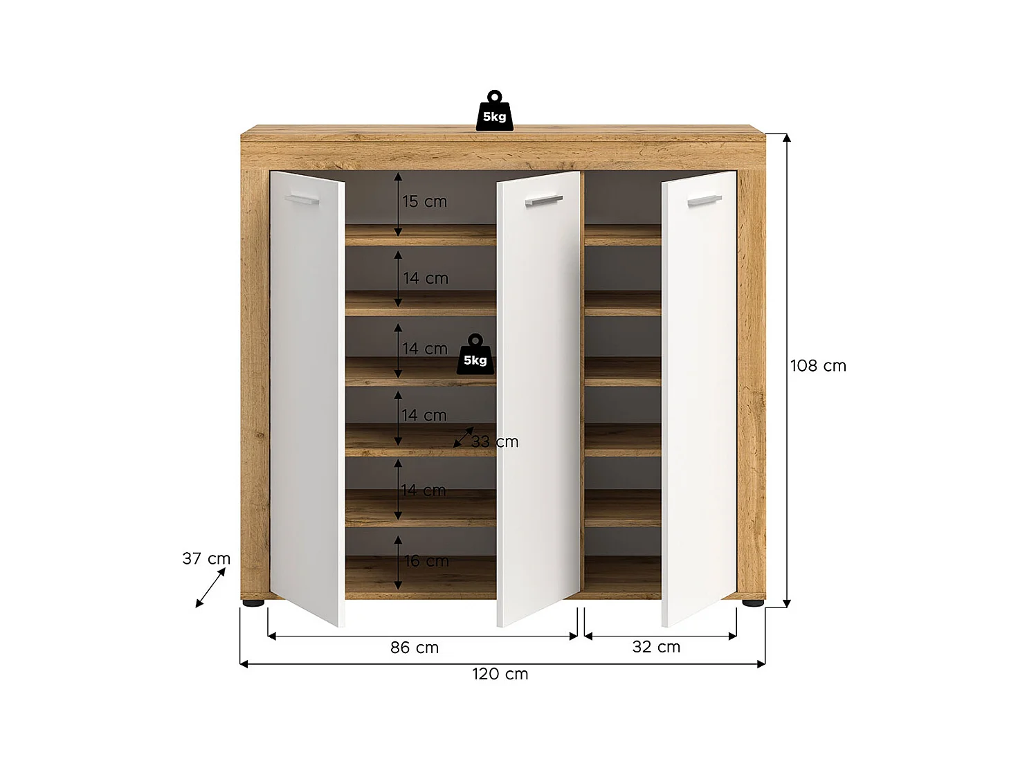 Jam meuble à chaussures 3 portes blanc, chêne décor.