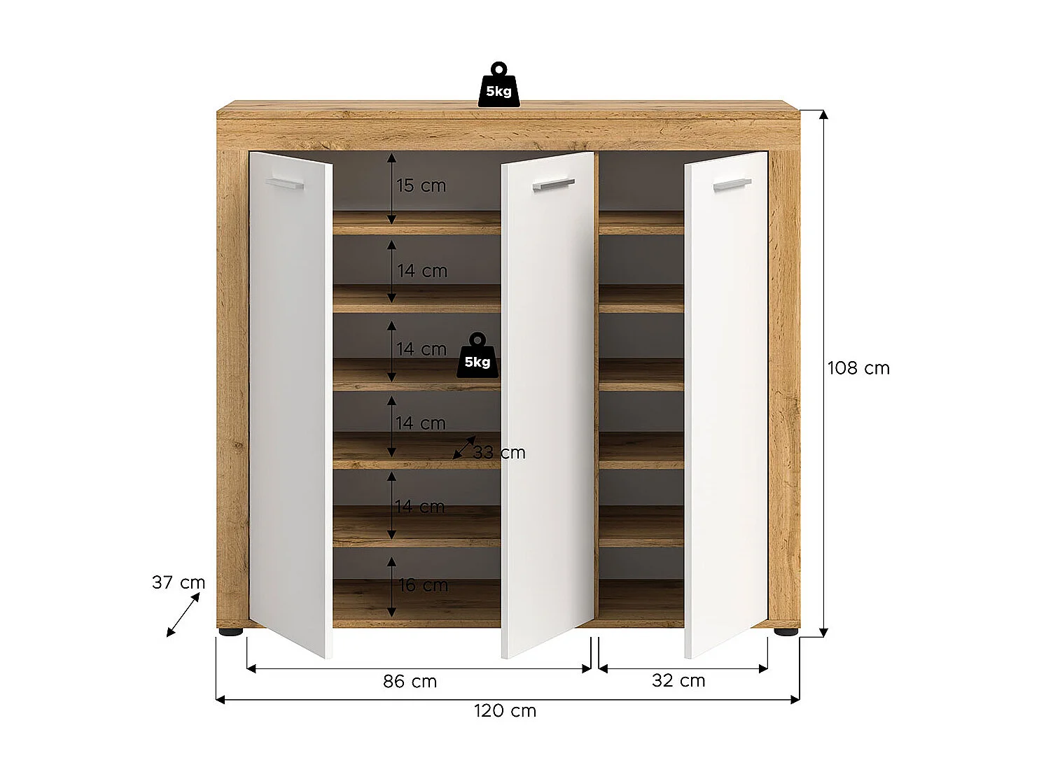 Jam meuble à chaussures 3 portes blanc, chêne décor.