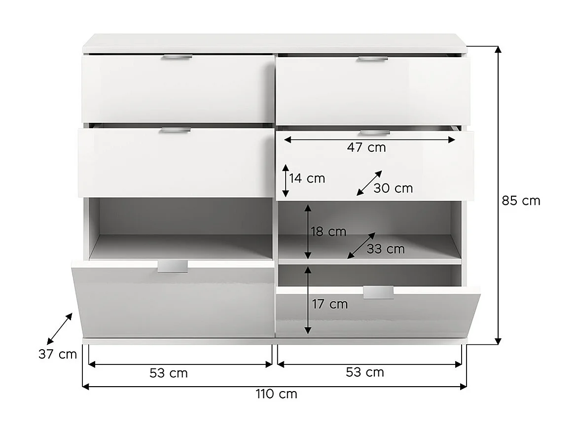 ProjektX meuble à chaussures 4 tiroirs, 2 abattants blanc brillant.