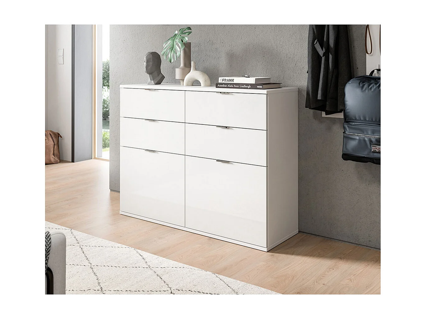 ProjektX meuble à chaussures 4 tiroirs, 2 abattants blanc brillant.