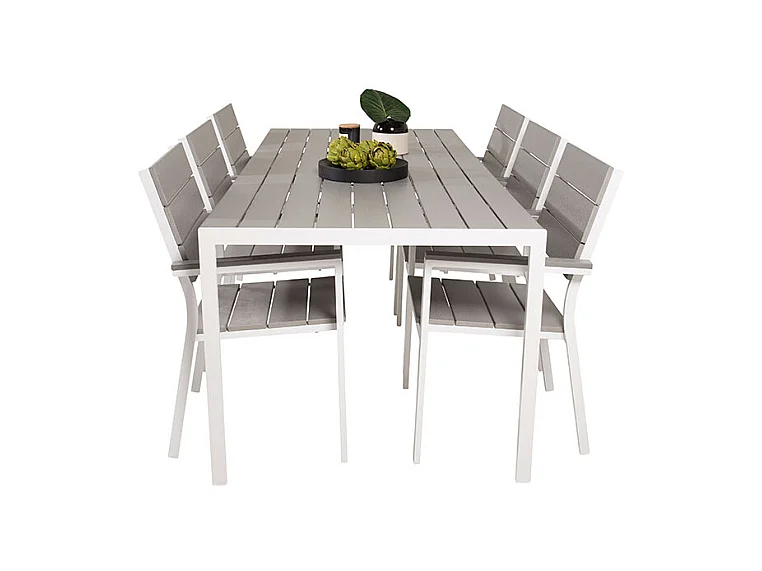 Break Gartenset Tisch 90x205cm grau, 6 Stühle grau.