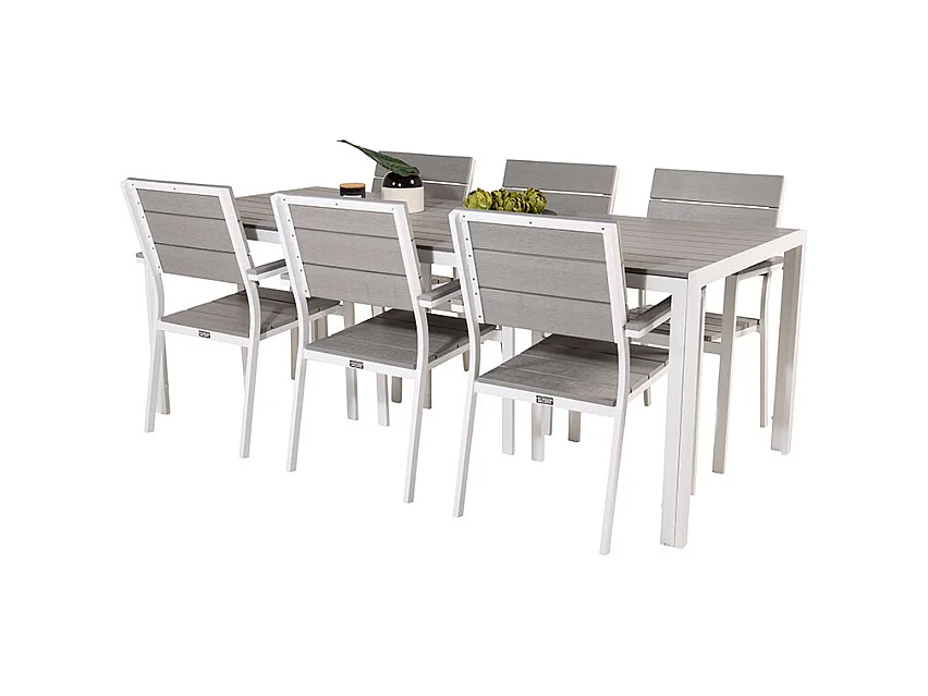 Break Gartenset Tisch 90x205cm grau, 6 Stühle grau.