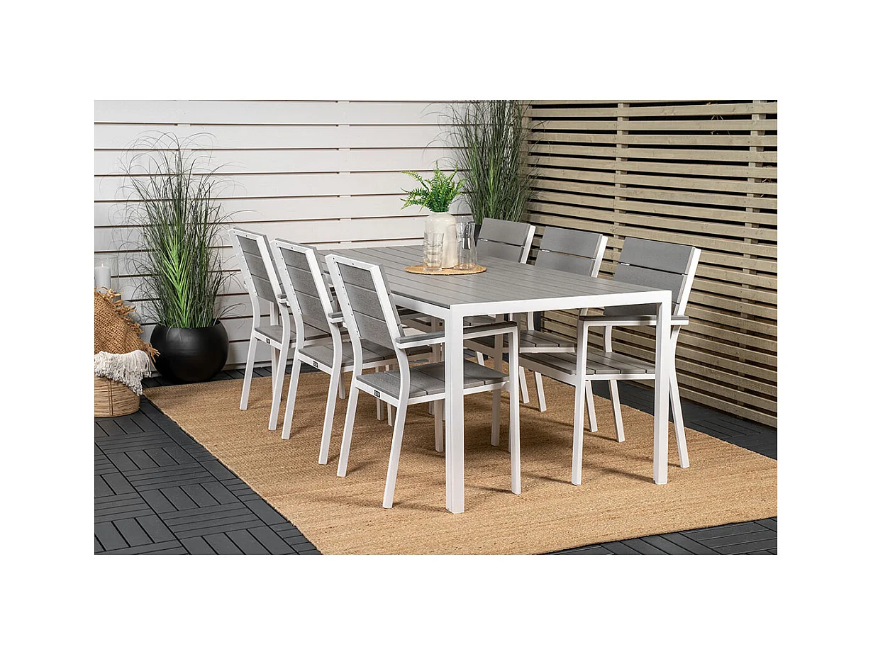 Break Gartenset Tisch 90x205cm grau, 6 Stühle grau.