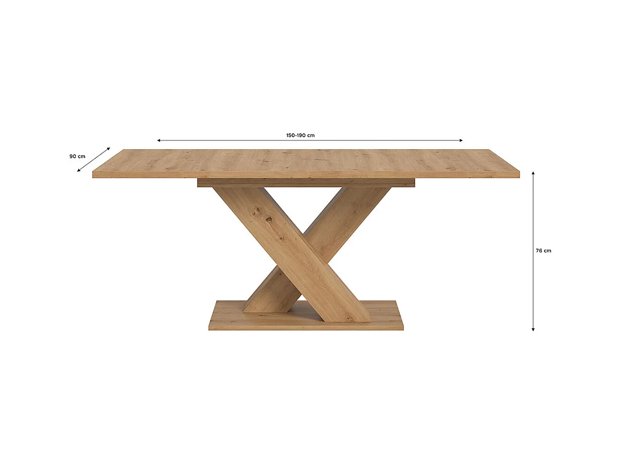 Motion table de salle à manger pieds X 90x150/190 cm avec 1 rallonge chêne décor.