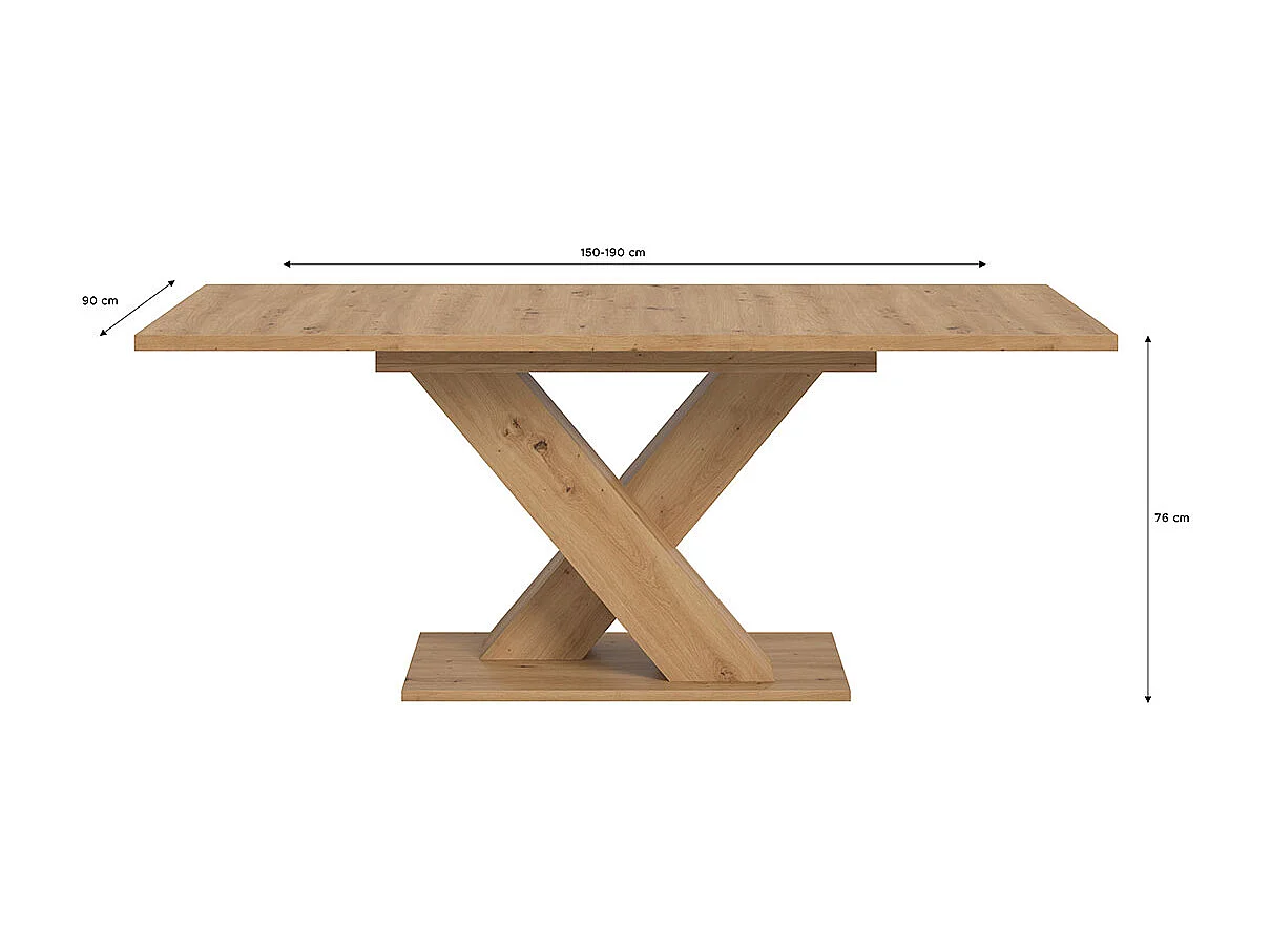 Motion table de salle à manger pieds X 90x150/190 cm avec 1 rallonge chêne décor.