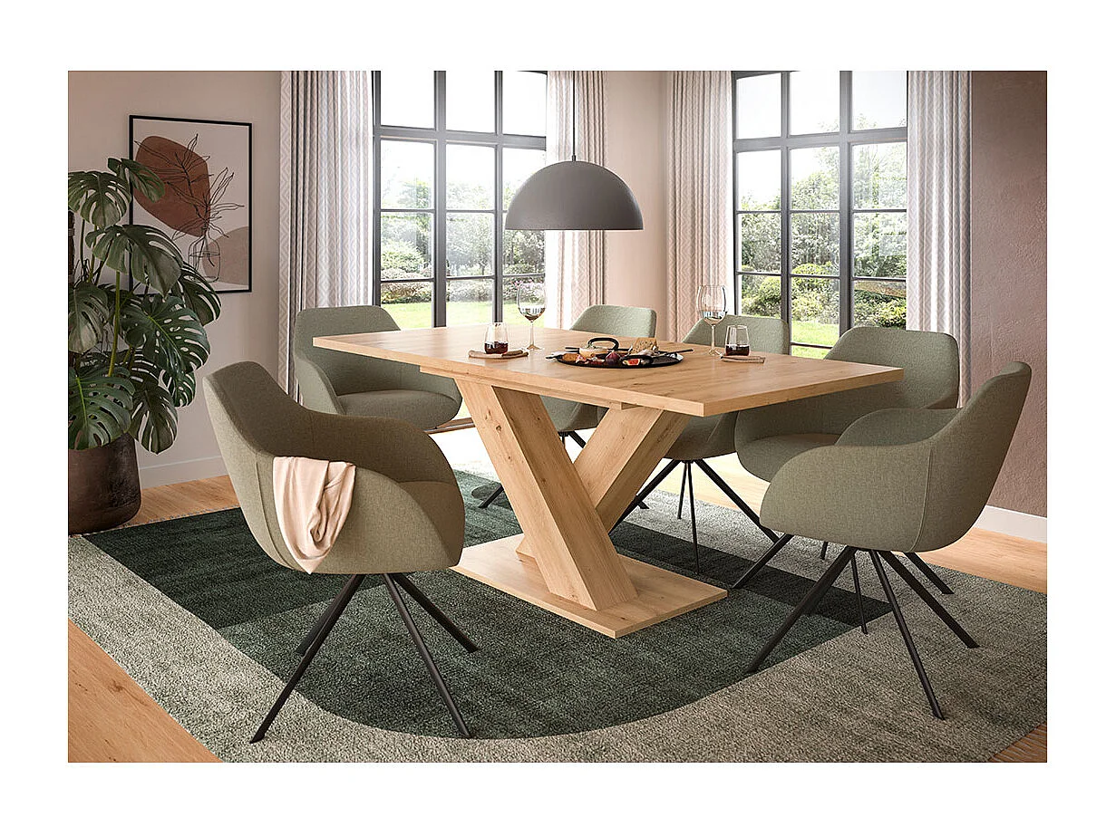 Motion table de salle à manger pieds X 90x150/190 cm avec 1 rallonge chêne décor.