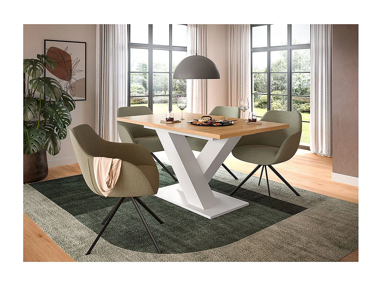 Motion table de salle à manger pieds X 90x150/190 cm avec 1 rallonge chêne décor, blanc.