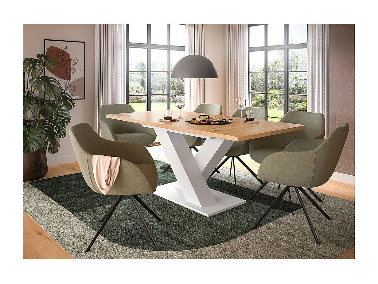 Motion table de salle à manger pieds X 90x150/190 cm avec 1 rallonge chêne décor, blanc.