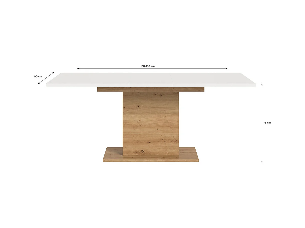 Motion table de salle à manger pied colonne 90x150/190 cm avec 1 rallonge blanc, chêne décor.