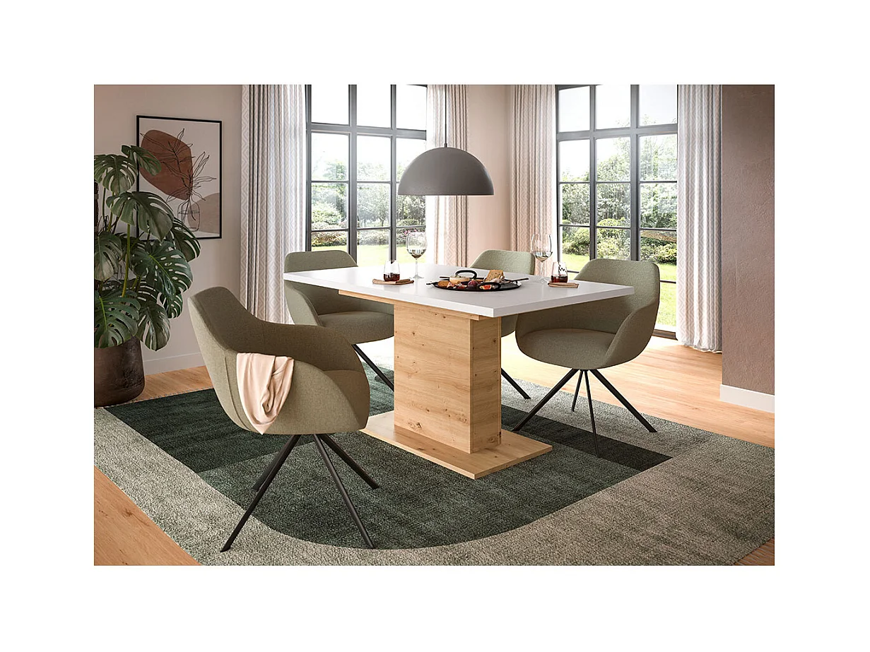 Motion table de salle à manger pied colonne 90x150/190 cm avec 1 rallonge blanc, chêne décor.