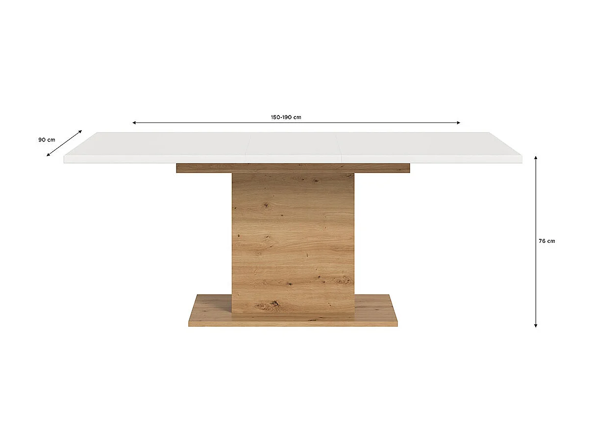Motion table de salle à manger pied colonne 90x150/190 cm avec 1 rallonge blanc, chêne décor.