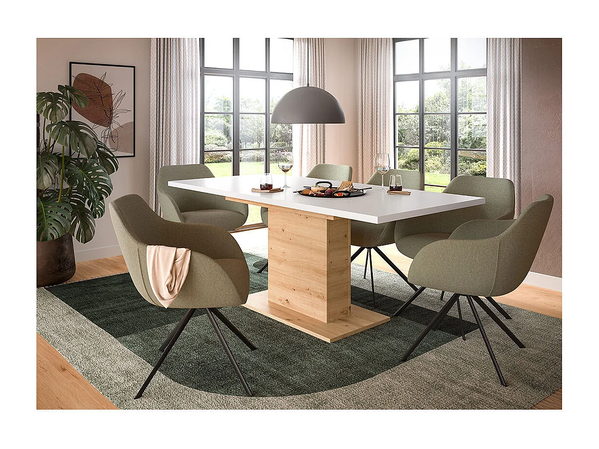 Motion table de salle à manger pied colonne 90x150/190 cm avec 1 rallonge blanc, chêne décor.