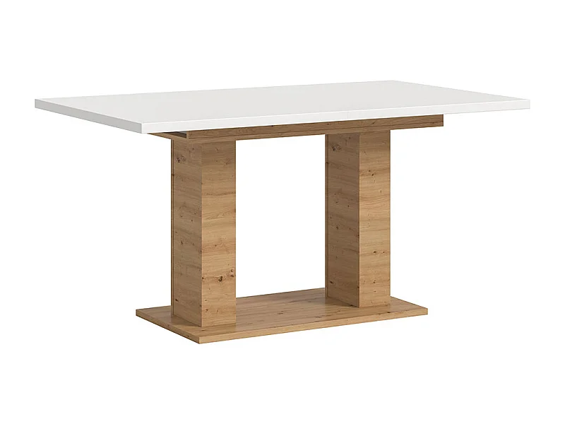 Motion eetkamertafel dubbele zuilpoot 90x150/190cm incl. 1 verlengblad wit, eik decor.