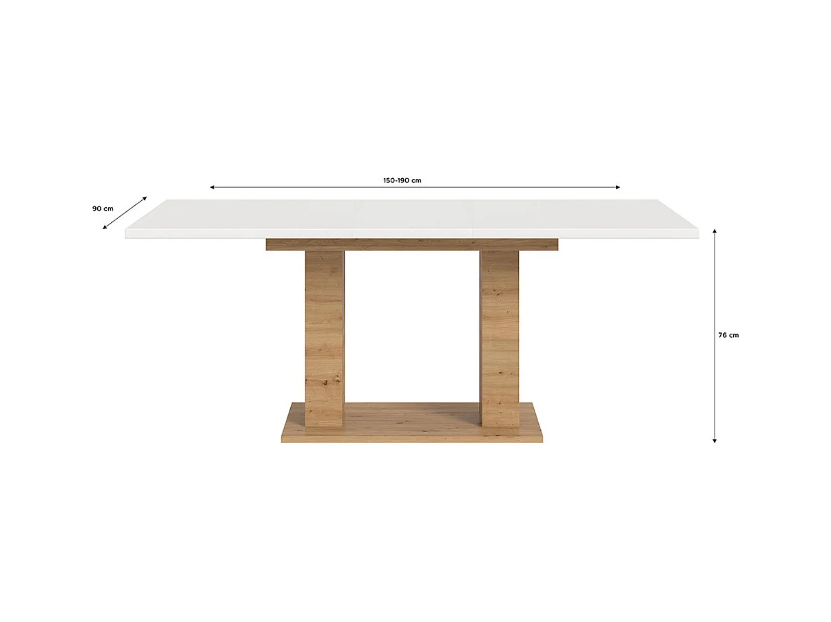 Motion table de salle à manger double colonne 90x150/190 cm avec 1 rallonge blanc, chêne décor.