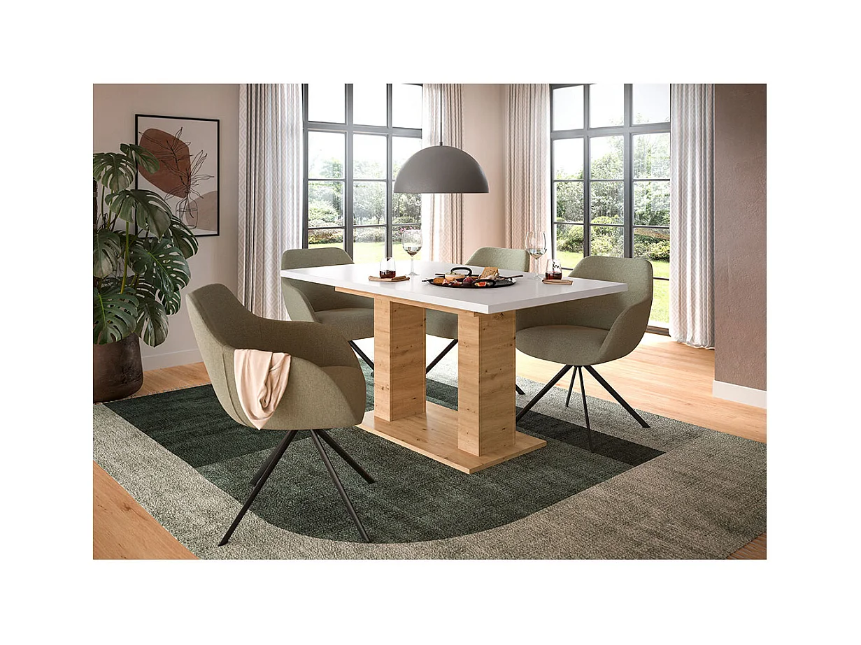 Motion table de salle à manger double colonne 90x150/190 cm avec 1 rallonge blanc, chêne décor.