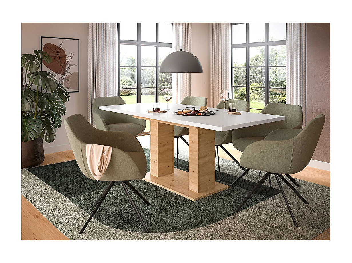 Motion table de salle à manger double colonne 90x150/190 cm avec 1 rallonge blanc, chêne décor.