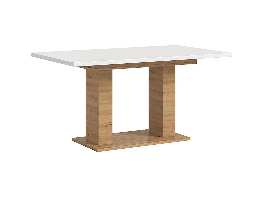 Motion eetkamertafel dubbele zuilpoot 90x150/190cm incl. 1 verlengblad wit, eik decor.