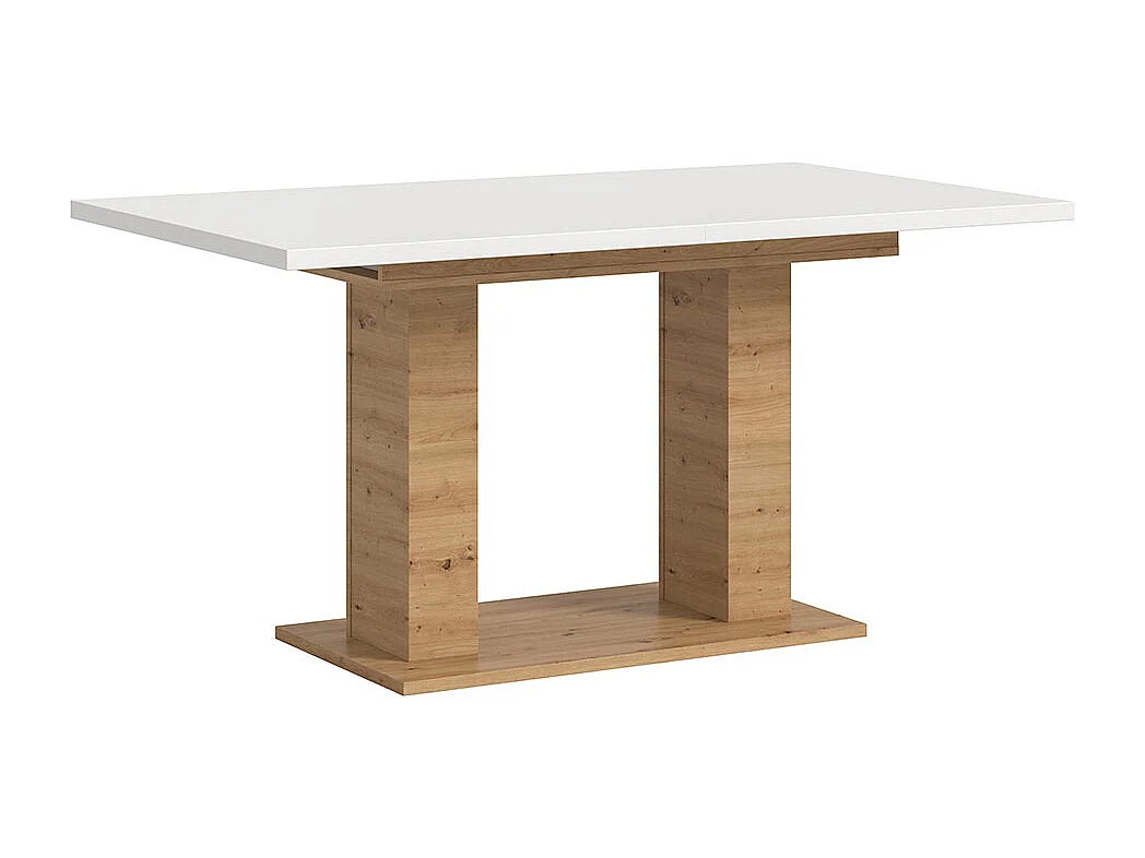 Motion Esstisch Doppelsäulenfuß 90x150/190cm inkl. 1 Einlegeplatte weiß, Eiche Dekor.