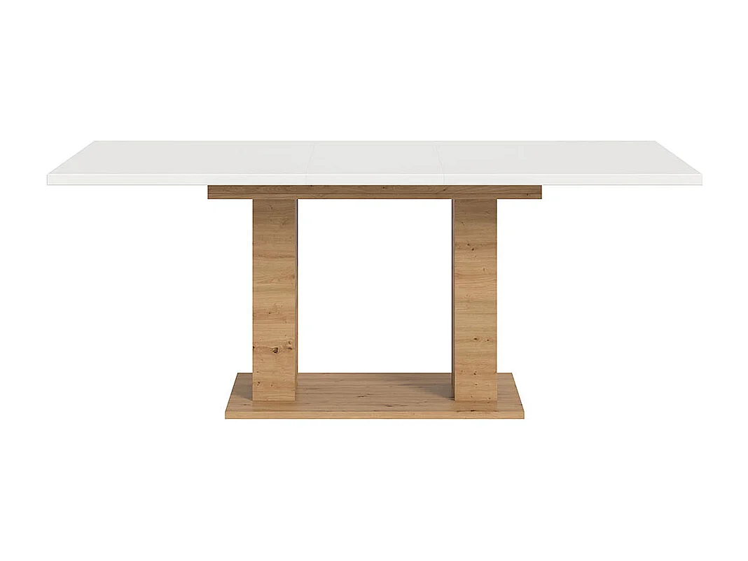 Motion Esstisch Doppelsäulenfuß 90x150/190cm inkl. 1 Einlegeplatte weiß, Eiche Dekor.