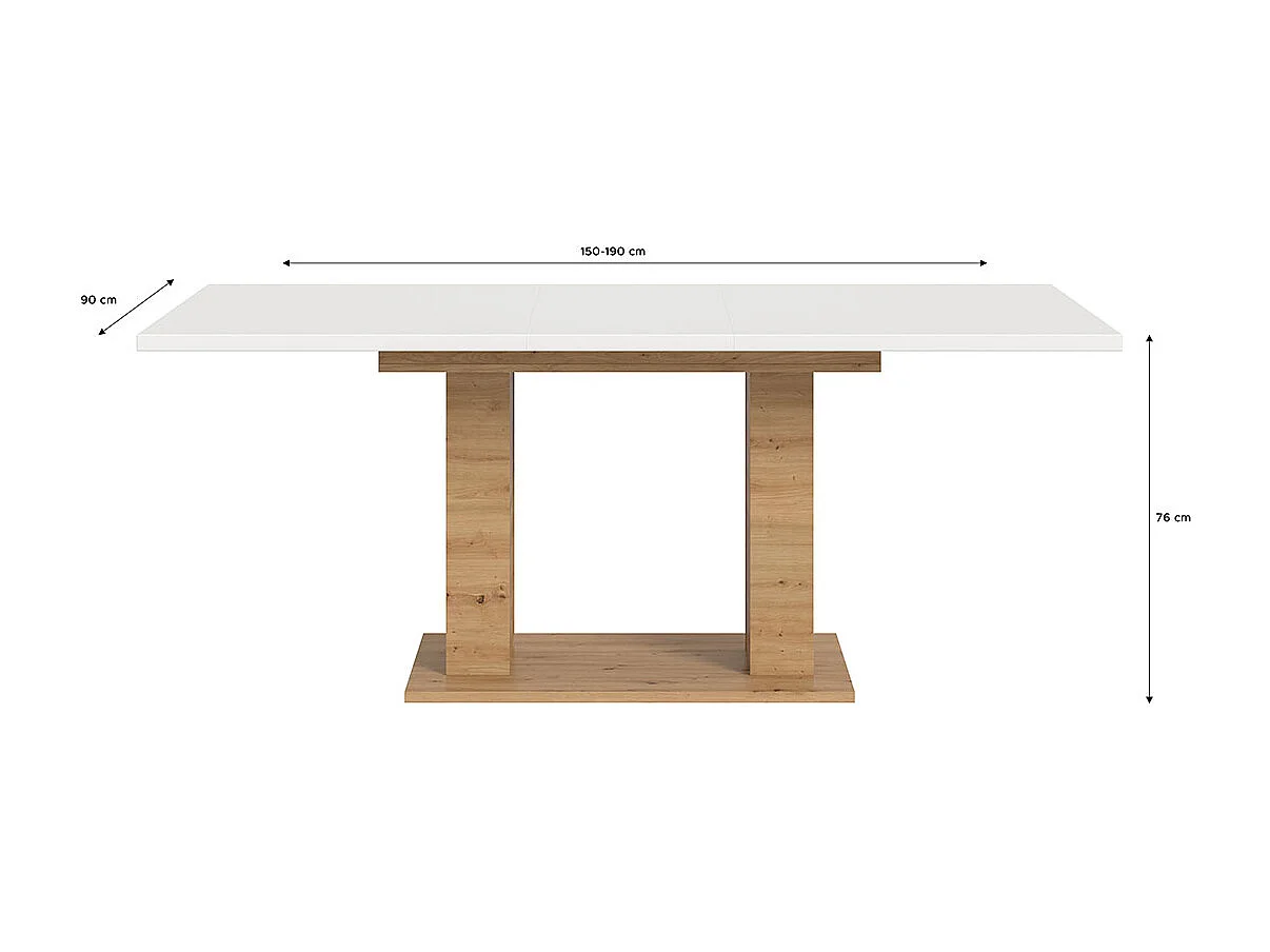 Motion Esstisch Doppelsäulenfuß 90x150/190cm inkl. 1 Einlegeplatte weiß, Eiche Dekor.