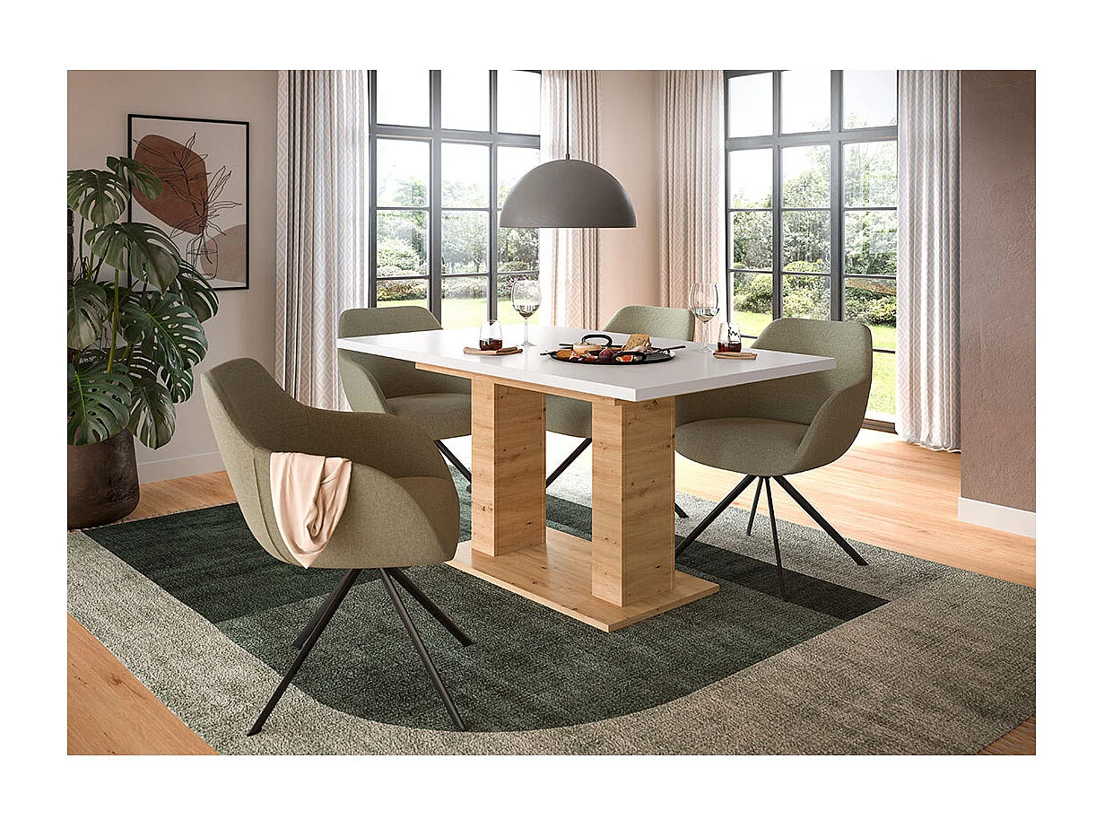 Motion Esstisch Doppelsäulenfuß 90x150/190cm inkl. 1 Einlegeplatte weiß, Eiche Dekor.