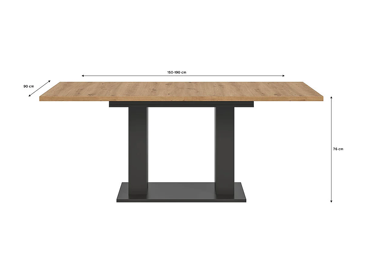 Motion eetkamertafel dubbele zuilpoot 90x150/190cm incl. 1 verlengblad eik decor, grijs.