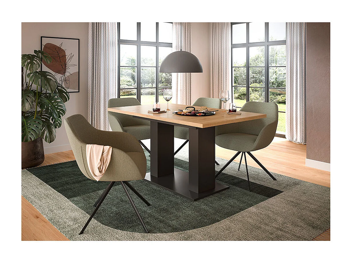 Motion eetkamertafel dubbele zuilpoot 90x150/190cm incl. 1 verlengblad eik decor, grijs.