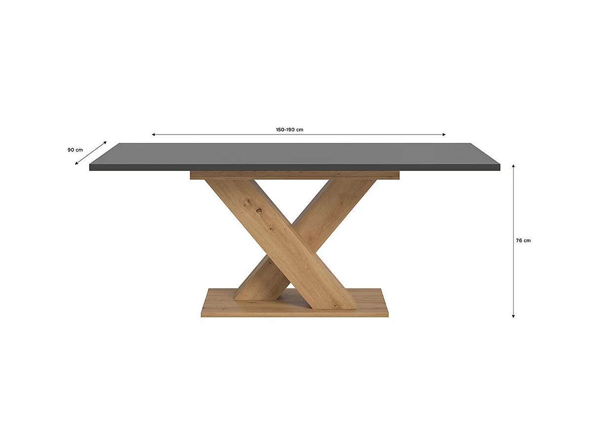 Motion table de salle à manger pieds X 90x150/190 cm avec 1 rallonge gris, chêne décor.